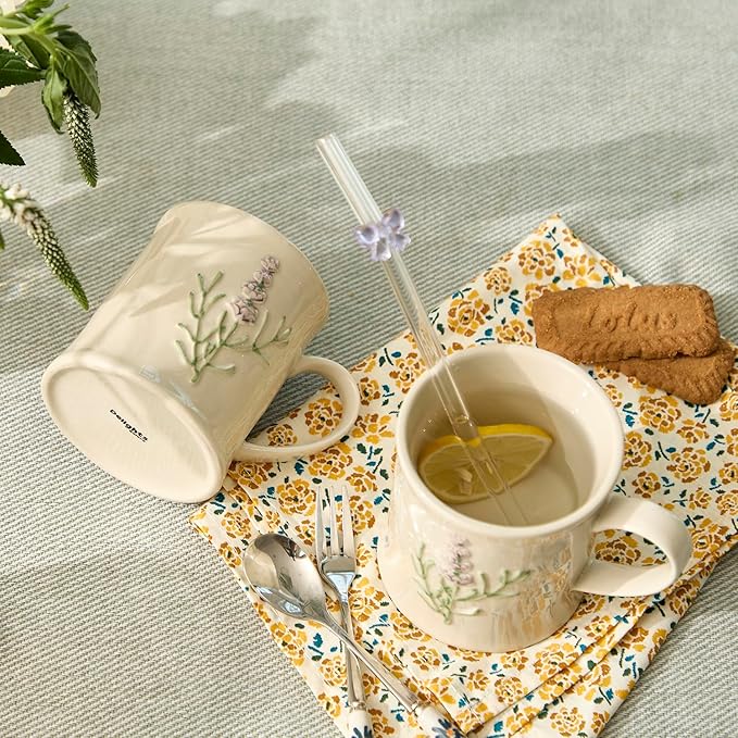 Artisanal Handcrafted Ceramic Mug with Sage Botanical Design - 10oz Off-White Stoneware Coffee Cup, Elegant Purple Sage Pattern, Dishwasher Safe, Comfort Grip Handle for Daily Use