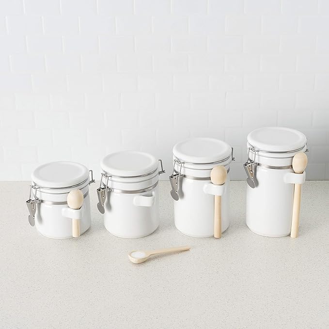 Canister Sets For The Kitchen (4 Piece Set) White, High Gloss Ceramic | By Home Basics | Decorative| With Wooden Spoons, Countertop Set For Flour, Sugar, Coffee, and Snacks