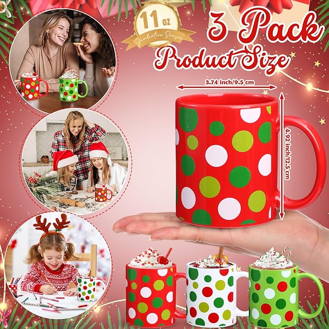 Sliner 3 Set 11 oz Christmas Ceramic Coffee Mugs Red Green Polka Dot Cup Funny Gift Cute Festive Ceramic Tea Cup Xmas Holiday Birthday Gifts for Men Women