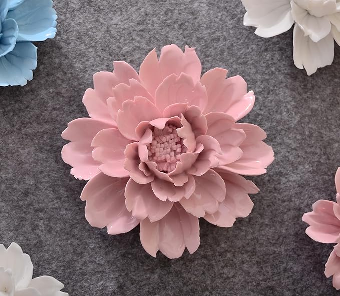 Peony，2.76" Ceramic Flower Wall Art, Artificial 3D Flower Wall Art, Handmade 3D Wall Art Hanging Sculpture, Porcelain Flower Wall Decoration for Home Office Decor (Pink)