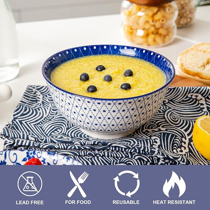 Ceramic Soup Bowls Set - 24 Oz Porcelain Deep Cereal Bowl - 6 Inch Large Dinner Bowl Kitchen Eating Pasta Salad Rice Oatmeal Noodle Snack - Microwave Dishwasher Safe - Set of 6 - Vintage Blue