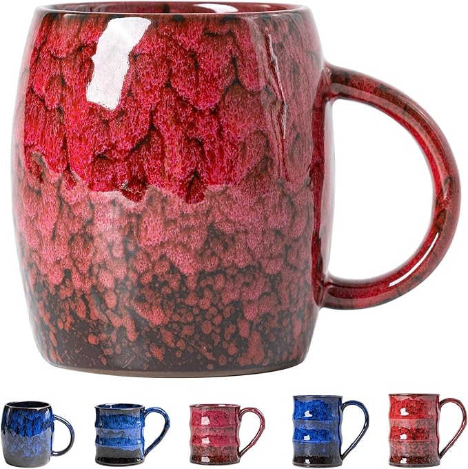 Rustic Red Ceramic Coffee Mug 15oz - Handcrafted Artisan Mug with Comfortable Handle, Unique Design for Coffee Lovers, Dishwasher Safe