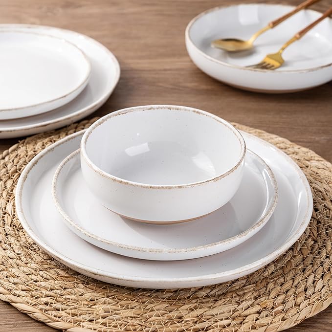 AmorArc Ceramic Dinnerware Sets with Pasta Bowls for 4, Handpainted Plates and Bowls Set with Rustic Terracotta Underside, Scratch Resistant Dishes Set, Dishwasher & Microwave Safe, 16 Pcs-White