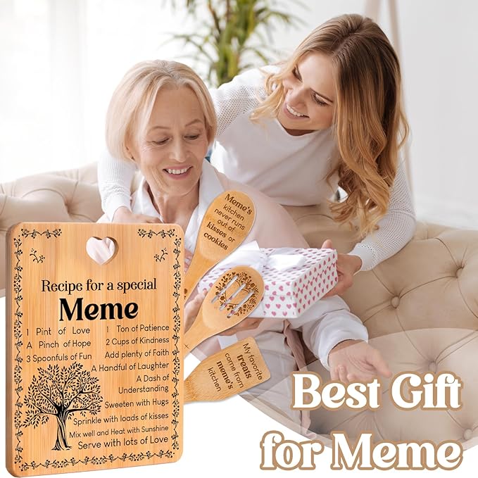 Meme Gifts - "Recipe for a Special Meme" Meme Gifts for Grandma Cutting Board Set, Bamboo-Made Engraved Utensil Set Gifts for Meme Cutting Board, Best Meme Ever Gifts.