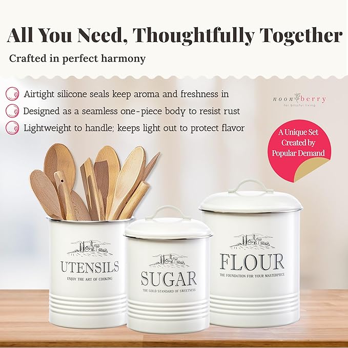 Kitchen Canisters for Countertop – 3-Piece Airtight Canister Set for the Kitchen Counter with Utensil Holder – Flour Sugar Containers – Cream-White Magnolia Finish