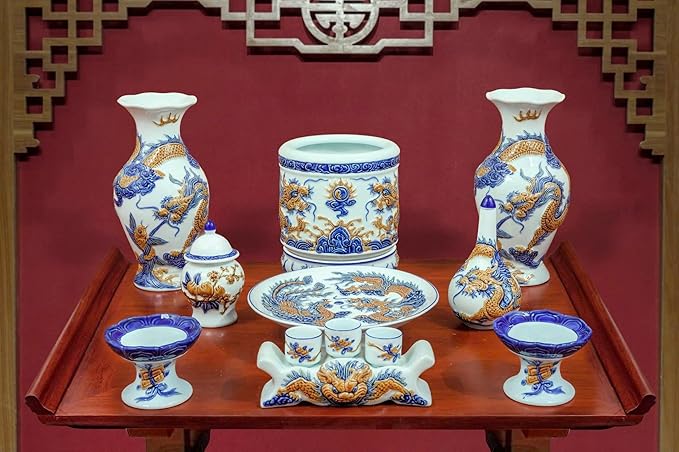 HERITAGE T&T Dragon Flower Ceramic Altar Vase Pair – Bat Trang Handmade Blue & White Vase Set – Buddhist Temple Flower Vase – Asian Home Decor – 1 Pair (2 Vases) - Blue & Yellow Glaze- 30 cm (11.8 in)