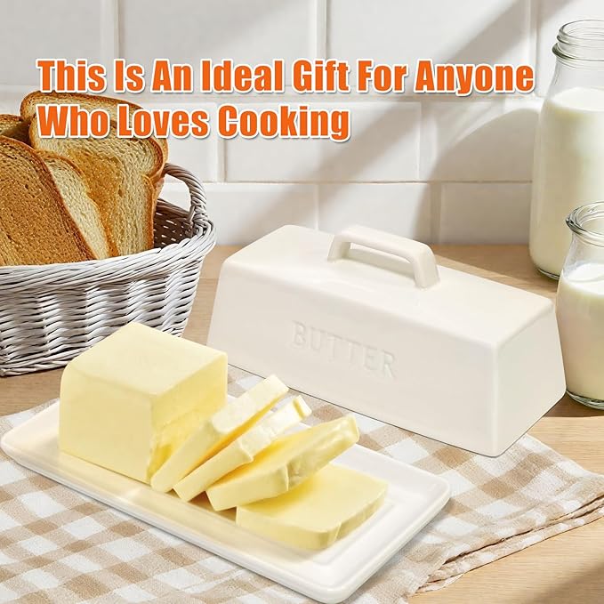Gute Butter Dish with Lid for Countertop, Covered Ceramic Butter Dish, Butter Tray Storage for 1 Stick of Butter, Butter Keeper Container with Handle for Kitchen, White
