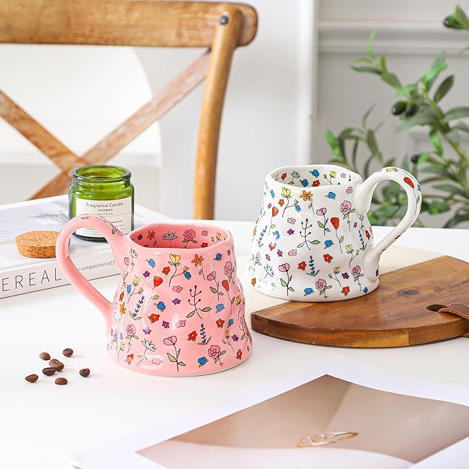 Mkour 16oz Large Ceramic Coffee Mugs, Handmade Big Tea Cups, Floral Design, Wide Bottom with Large Handle for Office and Home, Microwave and Dishwasher Safe (Pink)