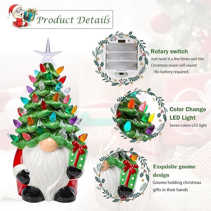 VCUTEKA Small Ceramic Christmas Tree Hand-Painted Vintage Tabletop Christmas Tree Holiday Decoration with Multi-Color Lights Green Gnome 11 inch