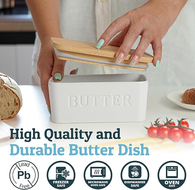 PriorityChef Extra Large Butter Dish with Lid for Countertop, Ceramic Butter Container With Airtight Cover, Butter Keeper for Counter or Fridge, Butter Holder Storage, White