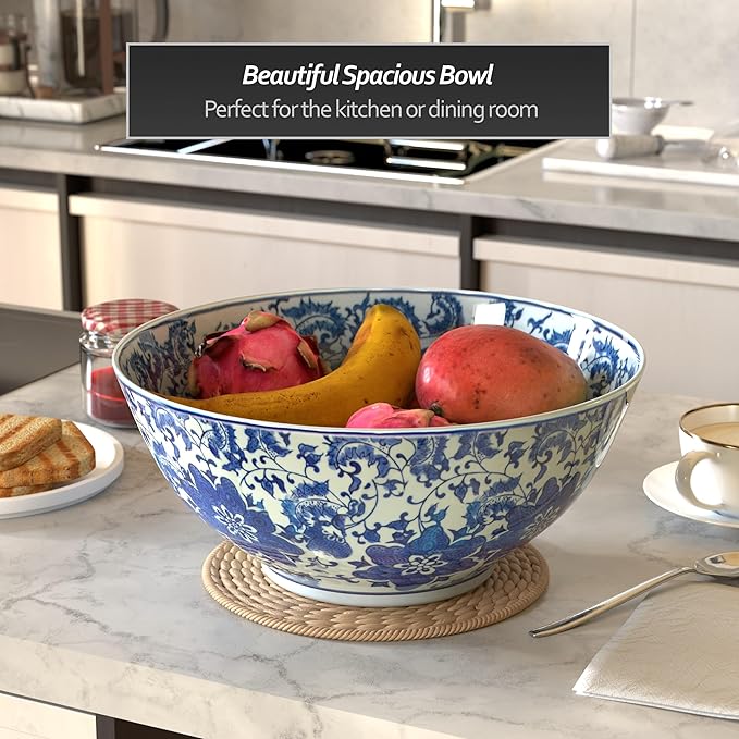 Red Lantern 14" Floral Blue & White Porcelain Bowl Vase for Centerpiece in Kitchen Dining Living Room Bedroom with Boho Eclectic Modern Contemporary Classic Traditional Style Decor