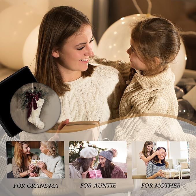 Vintage Christmas Stocking Ceramic Ornament Gifts, Rustic Moody Winter Christmas Decorative Hanging Ornaments for Xmas Tree Holiday Party Decoration, Santa Deer Xmas Tree Decorations