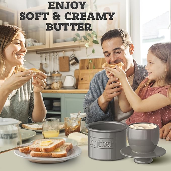 Premium Butter Crock with Lid - Original Design French Butter Dish - Beautiful Ceramic Butter Keeper for Counter with Water Line - Perfect to Keep Butter Soft and Spreadable, Gray