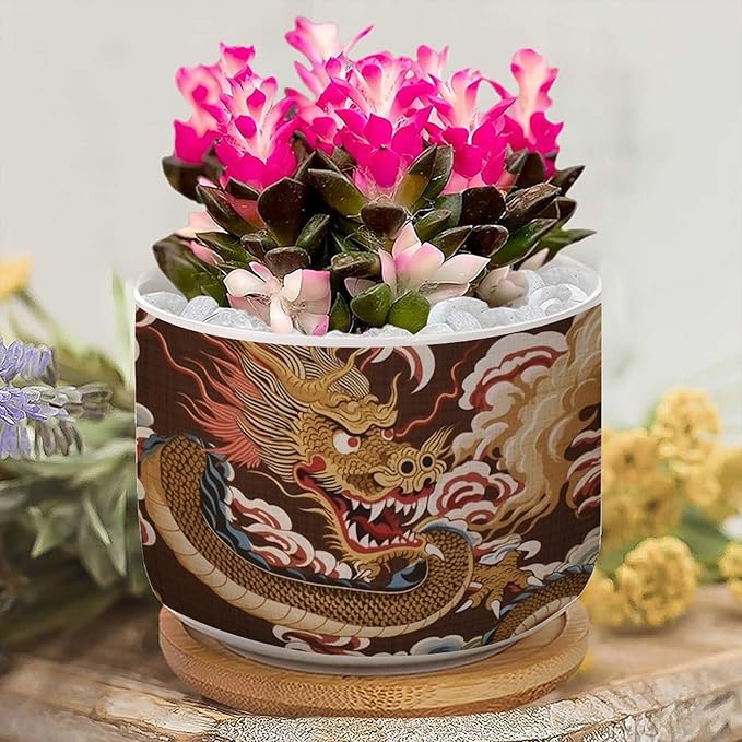 Antique Chinoiserie Dragon Ceramics Plant Pot Set of 1 Dragon Gold Oriental Style Asian Succulents Plants Live with Pot with Drainage Asian Scenery Chinoiserie Small Ceramics Plant Pot