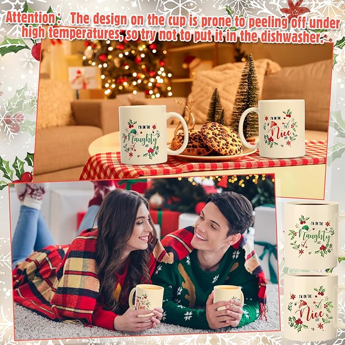 Sliner 11 oz Christmas Ceramic Coffee Mugs Set of 2 Naughty Nice Coffee Cup Funny Gift Cute Festive Ceramic Tea Cup Xmas Holiday Birthday Gifts for Men Women