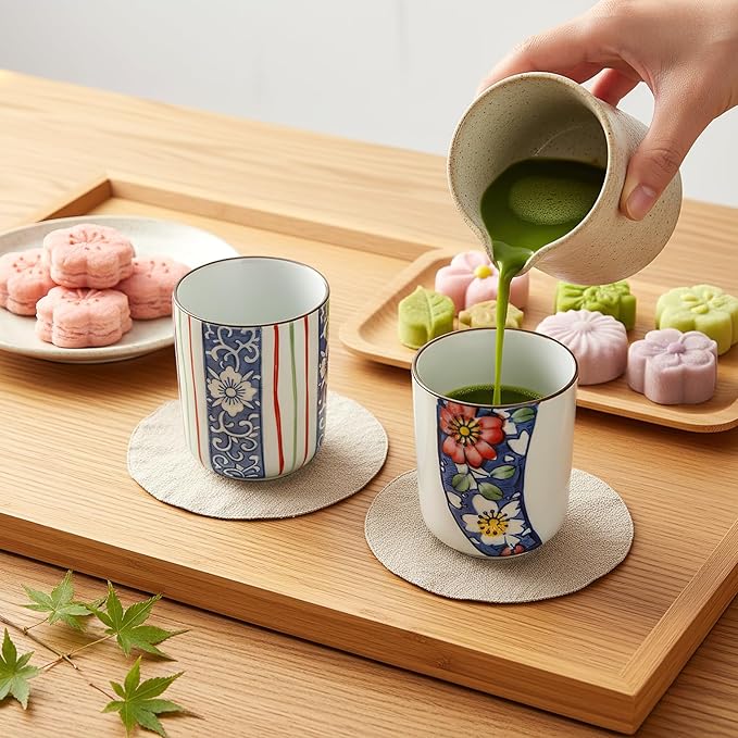 Set of 4 Japanese Tea Cups, 10 Oz Ceramic Handleless Coffee Mugs, Compact Ceramic Tea Cup Floral Pattern for Tea Matcha Latte Juice Gifts, Microwave Dishwasher Safe