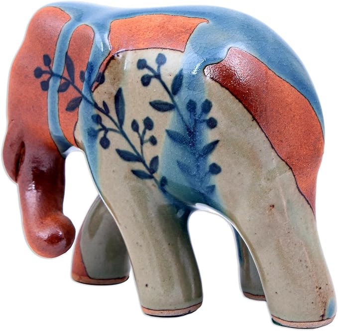 NOVICA Artisan Handmade Celadon Ceramic Sculpture Painted Elephant Multicolor Thailand Leaf Tree [4.3in H x 5.25in W x 2.7in D] ' Walkabout'