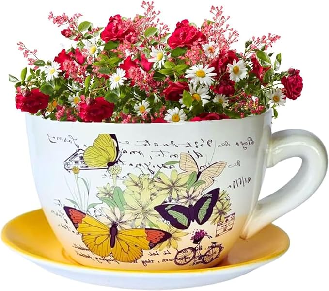 7.5" Round Ceramic Teacup Shape Planter Pot with Saucer for Succulents Orchids Herbs Cactus Indoor Houseplants Flowers Yellow Butterfly Teacup Planter