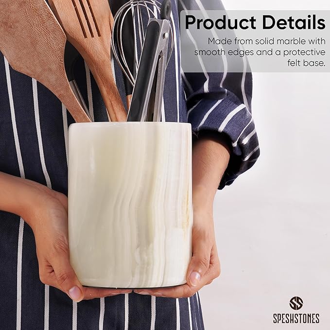 Marble Utensil Holder 6.5 Inch Cream Onyx Wooden Cooking Utensils Set & Spatula Organizer for Kitchen Counter, Stone Utensil Crock & Caddy for Spoon Holder & Farmhouse Decor