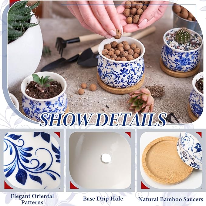 12 Pcs 3" Ceramic Chinoiserie Succulent Plant Pot Blue and White Porcelain Planter with Bamboo Tray Drainage Hole Mini Chinese Flower Jardiniere for Cactus Herbs Home Office Indoor Decor