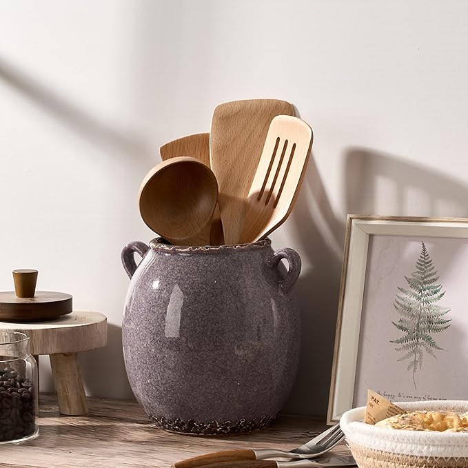 JIEMEI HOME Kitchen Utensil Holder with Handle, 6.69" Ceramic Farmhouse Stable Utensil Crock for Countertop, Cooking Tool Organizer with Cork Bottom, Spatula Holder For Kitchen Decor, Purple