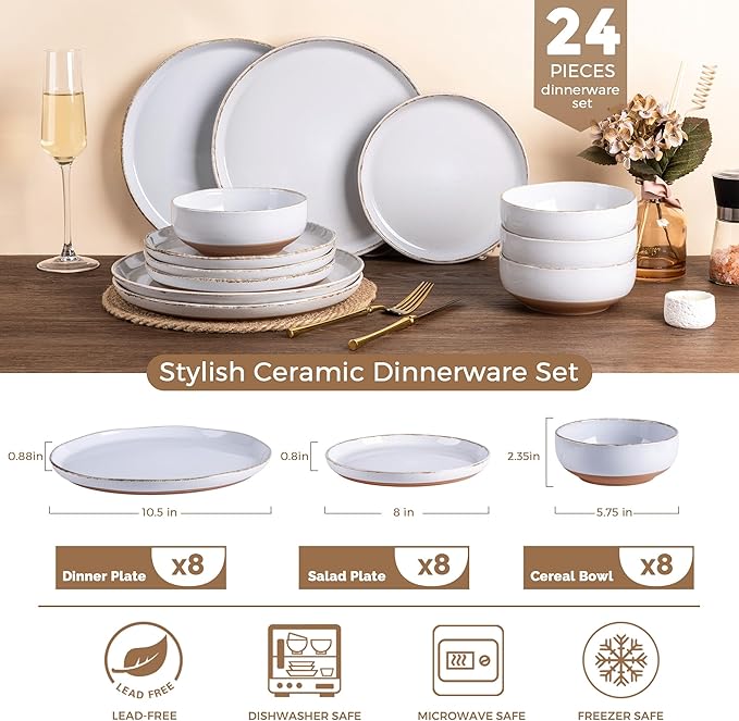 AmorArc 24 Pieces Ceramic Dinnerware Sets for 8, Handpainted Stoneware Plates and Bowls Set with Rustic Terracotta Underside, Scratch Resistant Dishes Set, Dishwasher & Microwave Safe, White