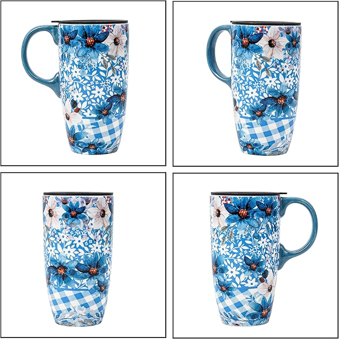 DUSVALLY Ceramic Tall Coffee Mug, Friends Coffee Cup Gift Set, Travel Mug with Lid for Office and Home, Unique Gifts for Women and Man, Flower Mug, Color Box, 17oz Large Cup, Blue