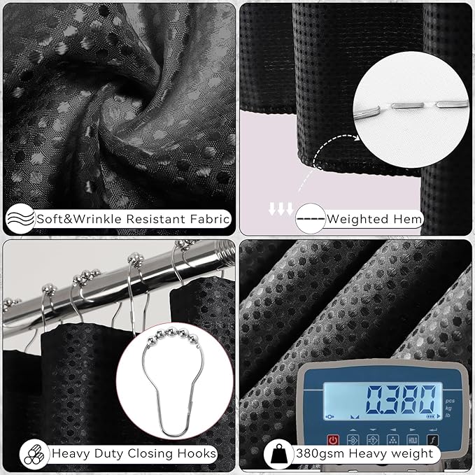 Bathroom Set - Black Bathroom Accessories Set, Bathroom Sets with Shower Curtain and Rugs, 25PC Shower Curtain Set with Hooks, Soap Dispenser, Soap Dish, Toilet Brush Holder and Trash Can