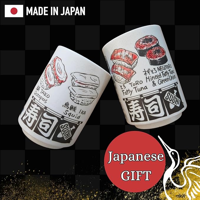 Japanese Tea Cups Sushi-Yunomi Mino Ware With Bamboo Coaster (Set of 2) (Squid-Octopus Tuna)