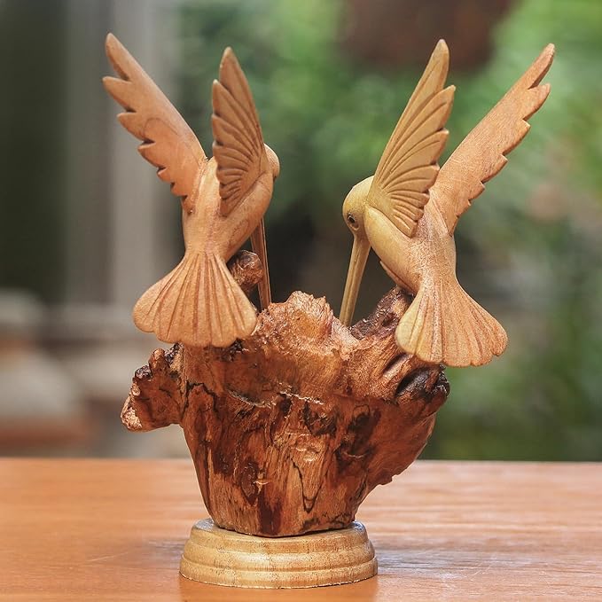 NOVICA Artisan Crafted Handcarved Wood Sculpture | Hummingbird Figurine Decor | Sustainable Animal Themed | Benalu & Jempinis Wood | NAT Geo Decoration | Indonesia ' Hummingbird Couple' 7.5" H x 6" W