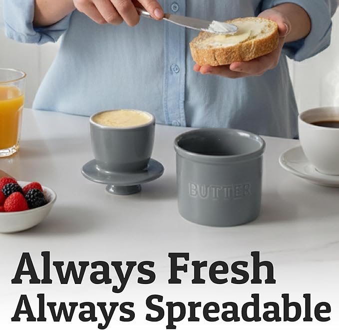 PriorityChef Butter Crock with Lid with Water Line, Ceramic French Butter Dish to Leave On Counter, Light Grey
