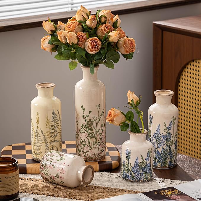 Vintage Floral Pitcher Vase with Handle, Ceramic Farmhouse Flower Vase French Country Decor, Rustic Table Centerpiece, Grand Millennial Tuscan Home Decor for Living Room, Bookshelf (Blue-007)