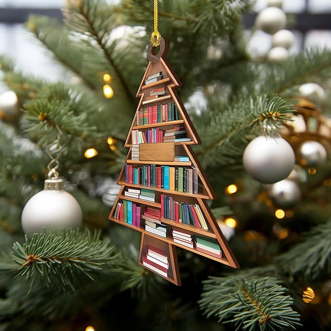 NGHYANA Wooden Christmas Tree Bookshelf Ornament 4 Inch Book Lover Holiday Decoration