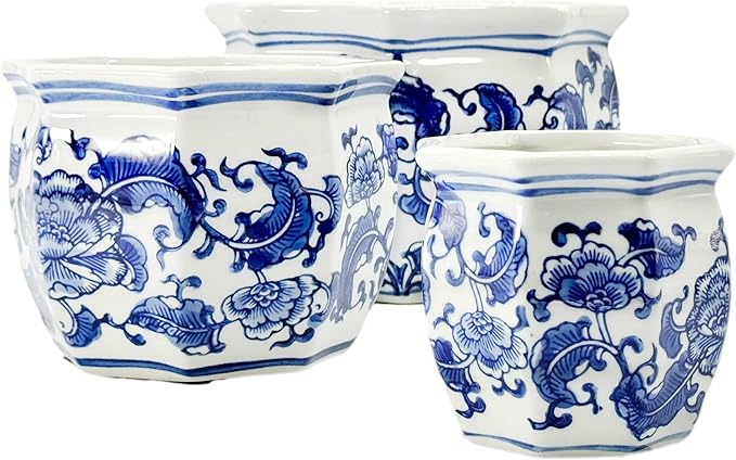 Galt International Blue & White Floral Porcelain Ceramic Decorative Flower Pot 8"/6"/4.5" Garden Pots Chinese Asian Design - Set of 3 Round Bulb Fluted