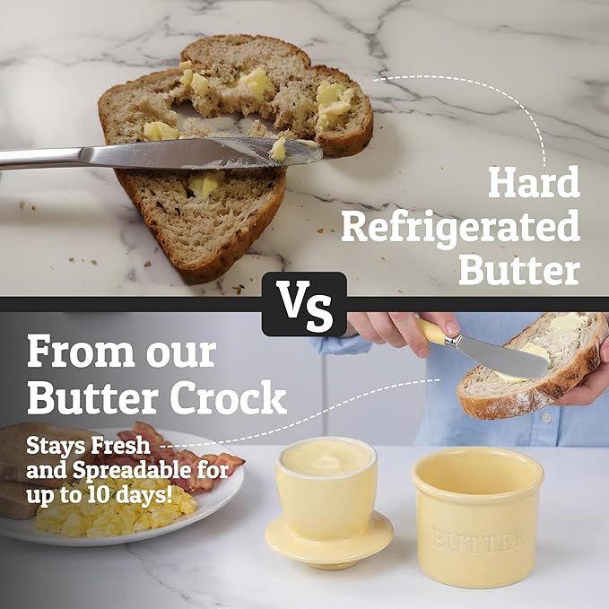 PriorityChef Butter Crock with Lid with Water Line,Ceramic French Butter Dish to Leave On Counter, Pastel Yellow