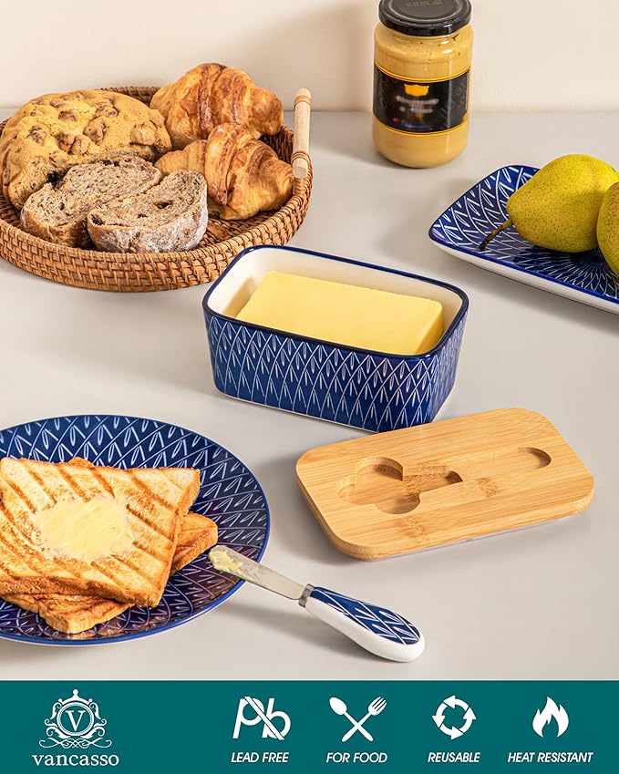 vancasso SELENE Butter Dish with Lid, 6.5" Large Butter Dish for Countertop, Ceramic Butter Keeper Container with Knife and Bamboo Lid, Geometric Weave Pattern