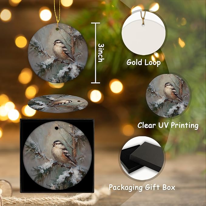 Vintage Rustic Winter Bird Ceramic Ornament Gifts, Farmhouse Christmas Snowy Forest Bird Decorative Hanging Ornaments for Xmas Tree Holiday Party Decoration, Winter Xmas Tree Decorations
