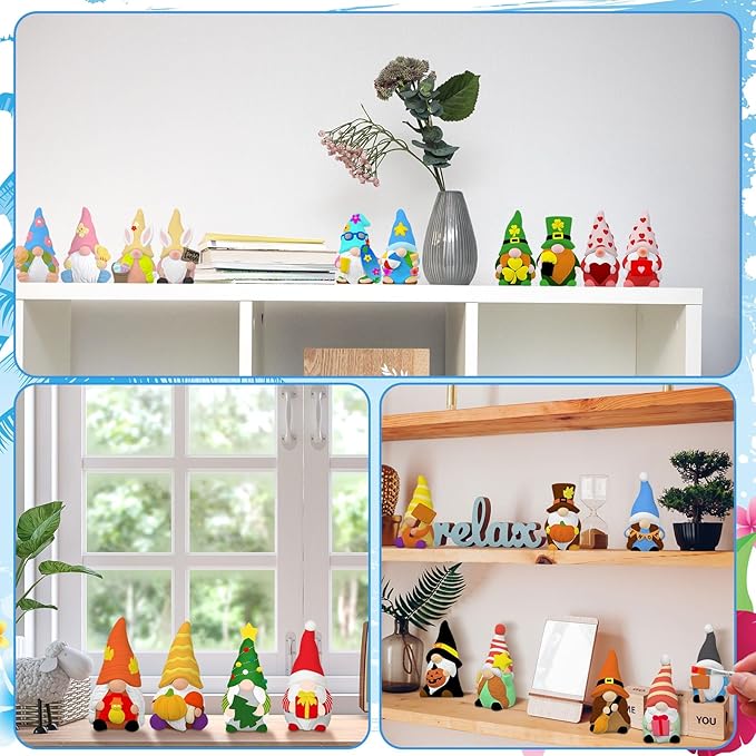 Sinmoe 24 Pcs Holiday Seasonal Paint Your Own Ceramics Gnomes Valentines Decor Paintable Figurines Ceramics to Draw for Adults Paintable Blank Gnomes Statues Plaster Figurines with Brush Palette Paint