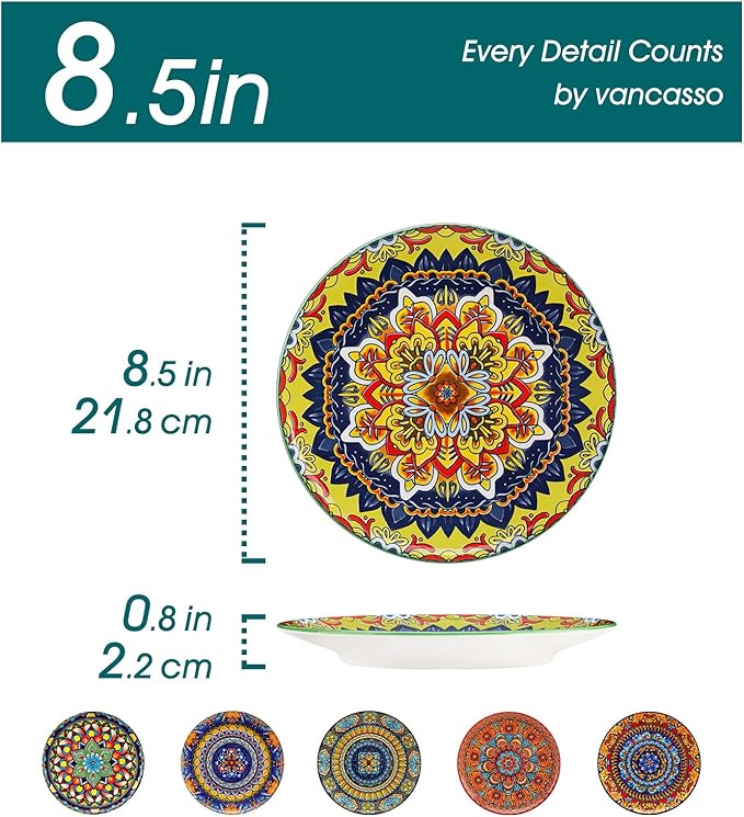 vancasso Colorful Dessert Plates Set of 6, 8.5 Inch Ceramic Salad Plates, Boho Small Dinner Plates, Bohemian Printed Kitchen Plate for Breakfast, Microwave & Dishwasher Safe Dishes, Series KRVI