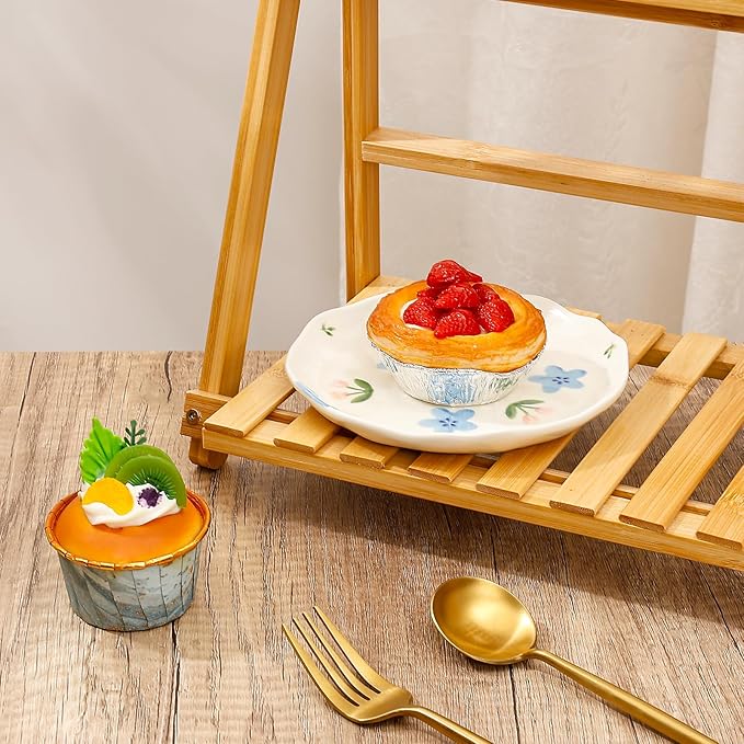 Koythin Ceramic Dessert Plates, Cute Fruits Dinner Plate, Creative Plates Design, Printed Flowers Dinnerware for Office and Home, Kitchen Plates for Desserts (Blue Flowers and Tulip)