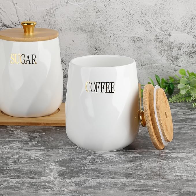 JUXYES Set of 3 Ceramic Canisters Set for Sugar Coffee Tea With Handle Tray, Luxurious Storage Containers Sets with Lids Decorative Storage Pots White Ceramic Storage Jar for Kitchen Dining Room