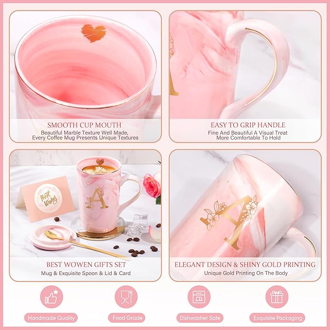 Personalized Marble Ceramic Mug Gifts for Women, 14 Oz Pink Initial Customized Gift Coffee Cup with Lid, Birthday Christmas Mother's Day Gifts for Her Wife Mom Grandma Friend Sister Unique,A