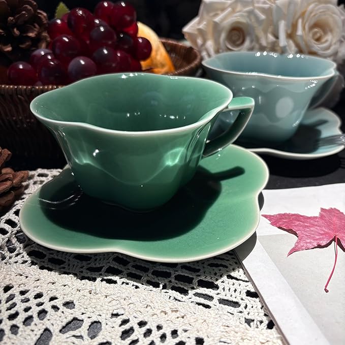 Ceramic Lotus Flower Cup and Saucer Set, Glazed Finish, Tea Cup with Matching Saucer, Green and Teal (Sage green glaze)