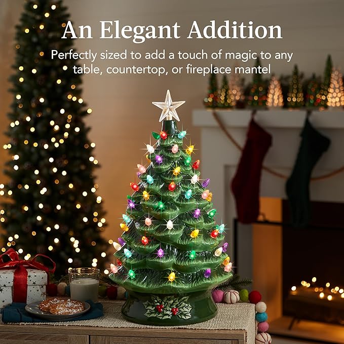 Best Choice Product 24in Extra Large Ceramic Christmas Tree, Pre-Lit Hand-Painted Tabletop XL Indoor Holiday Tree, 74 Multicolor Bulbs, LED Lights - Green