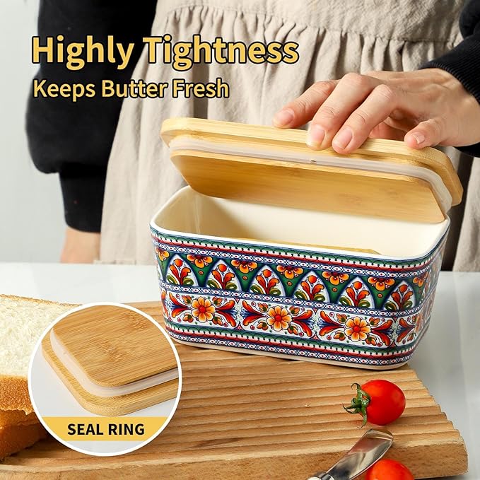 Hasense Ceramic Butter Dish with Lid,Butter Dish with Lid for Countertop,Airtight Covered Butter Keeper with Bamboo Lid and Knife,Butter Holder for Counter,Green Bloom