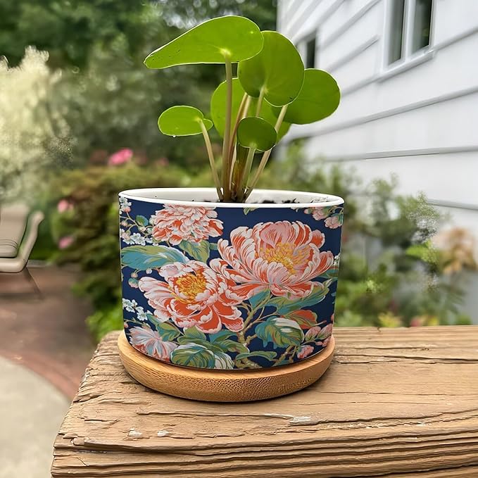 Bright and Chinoiserie Planters Ceramic Coral Peony Floral Round Plant Pot with Drainage Holes and Bamboo Tray Pot for Indoor Outdoor Garden
