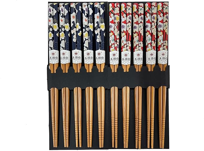 10 Pairs Reusable Bamboo Chopsticks, Spring Blooming Sakura Pattern Natural Bamboo Wood Chopsticks, 8.8Inch/22.5cm Polybag packing by LANHUTHS