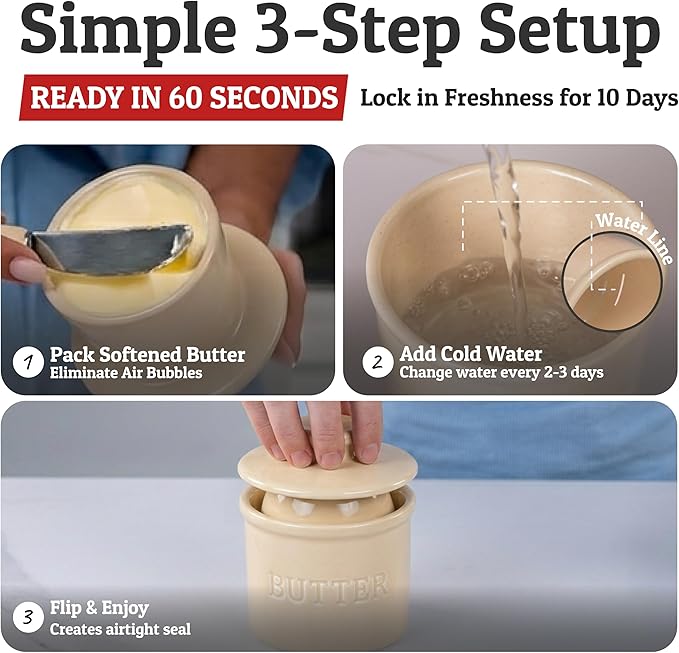 PriorityChef Butter Crock with Lid with Water Line,Ceramic French Butter Dish to Leave On Counter, Cannoli Cream