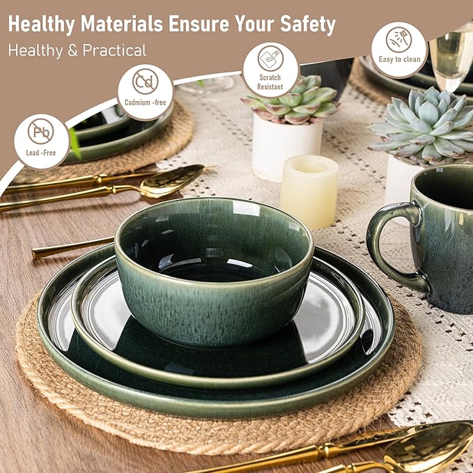 GBHOME Ceramic Dinnerware Sets for 6, 18 Pieces Stoneware Plates and Bowls Sets, Reactive Glaze Dishes -Scratch Resistant, Dishwasher&Microwave Safe, Earth Green