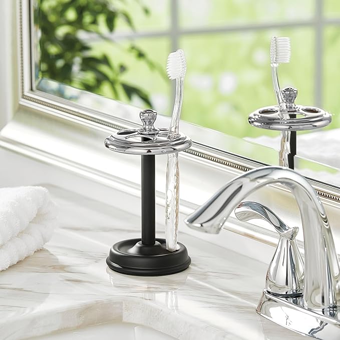 iDesign Toothbrush Holder with 4 Divided Sections for Bathroom or Vanity - Black/Chrome